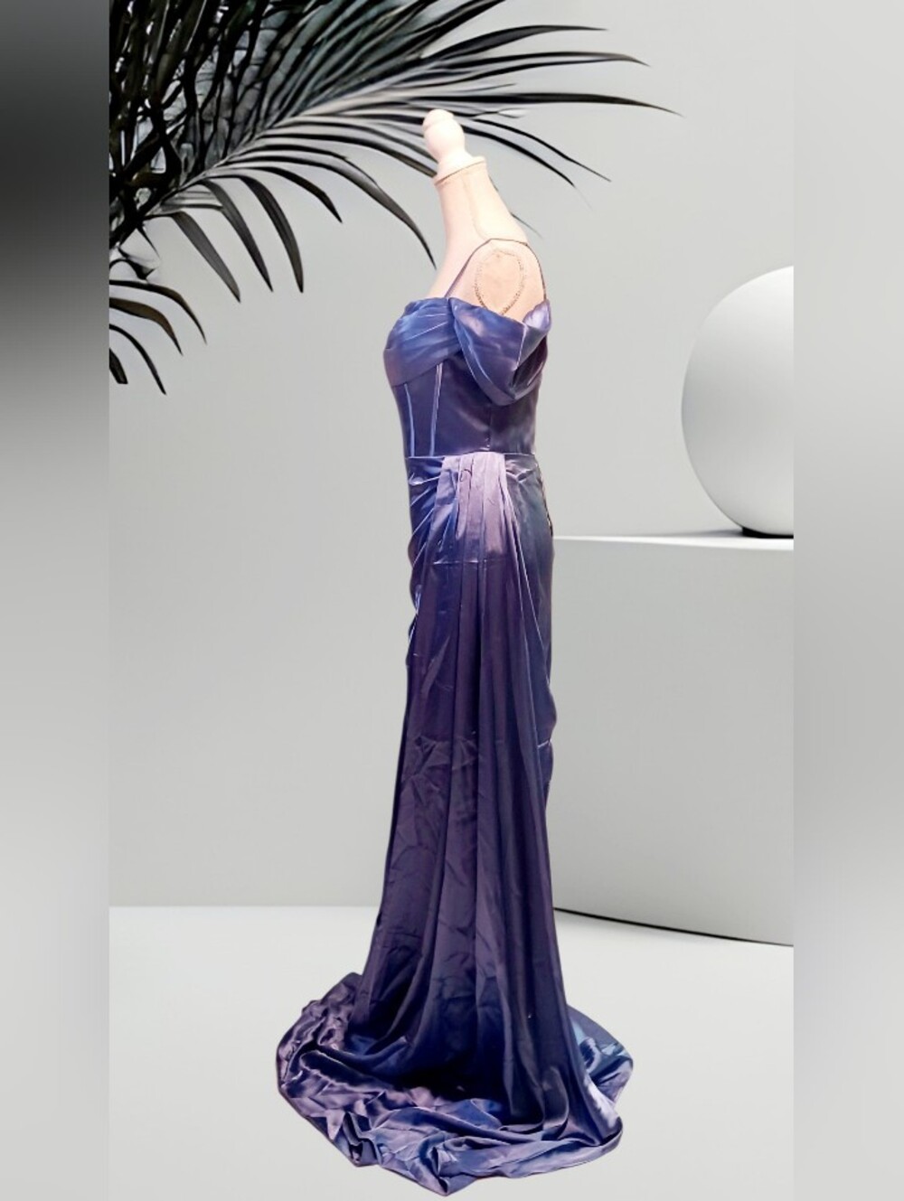 Elegant Blue Off-Shoulder Satin Evening Gown Ruched Skirt & A Ribbon Tie Back XS - Picture 3 of 7